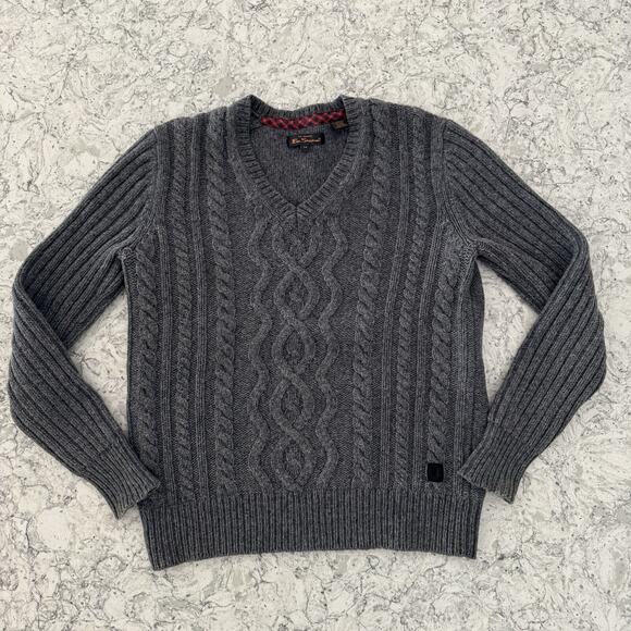 Ben Sherman Mens Sweater Size Medium Gray Wool Cable Knit Fisherman Aran Classic - Picture 2 of 8
